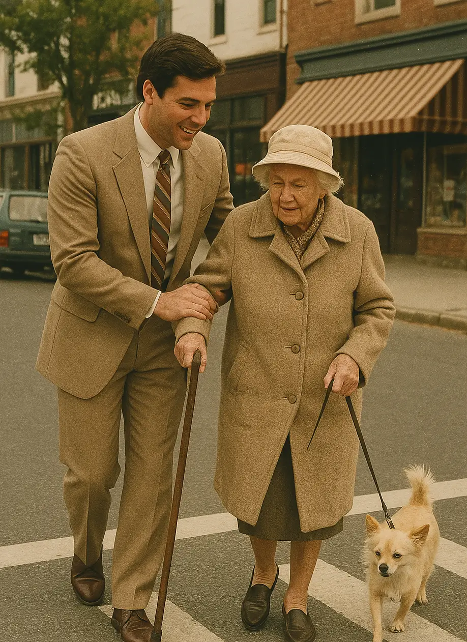 A gentleman helping an elderly lady cross the street, symbolizing guidance and support.