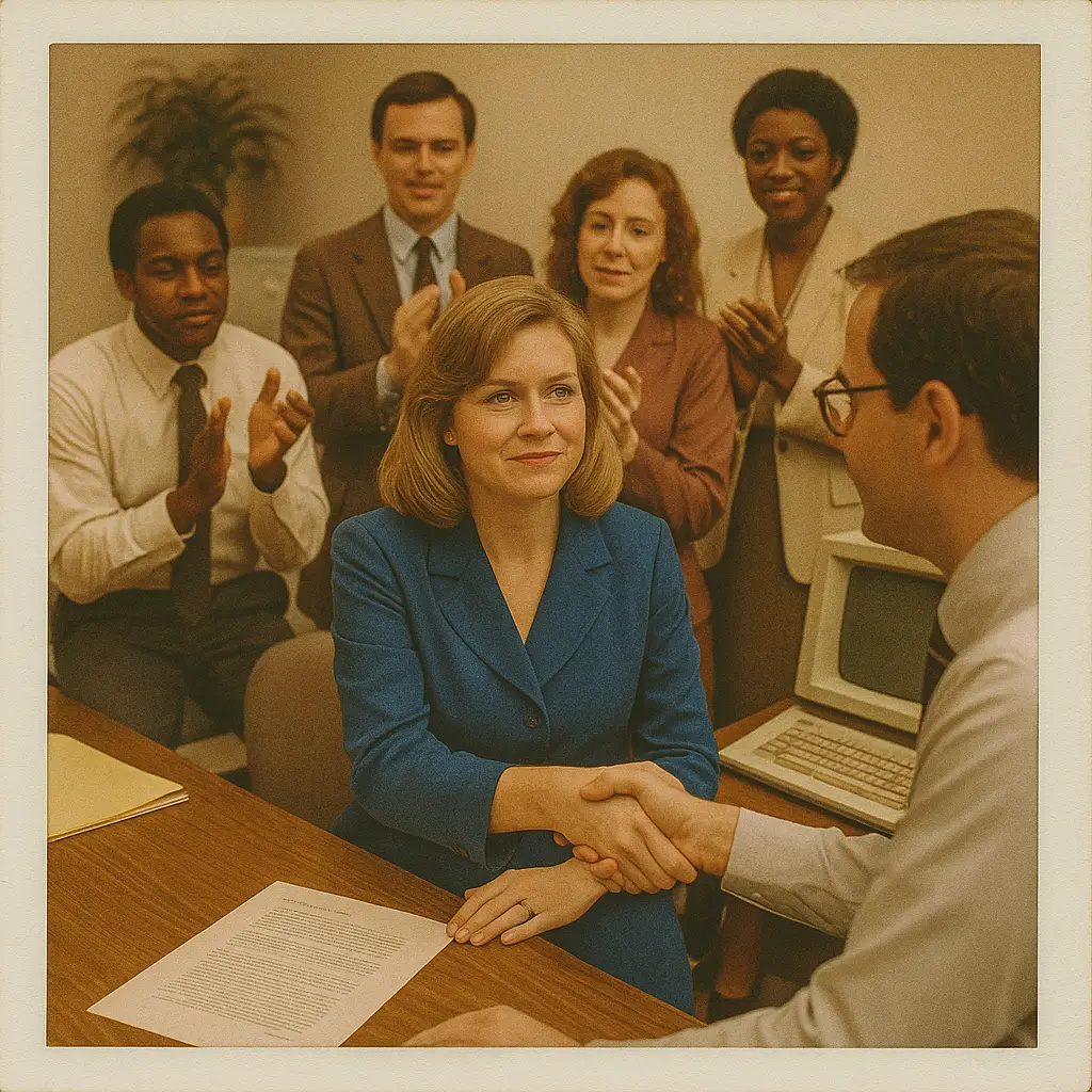 An employee being congratulated by their manager
