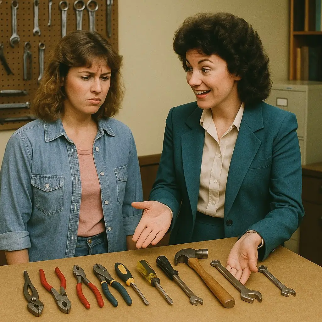 A manager explaining how tools are supposed to be used to a staff member